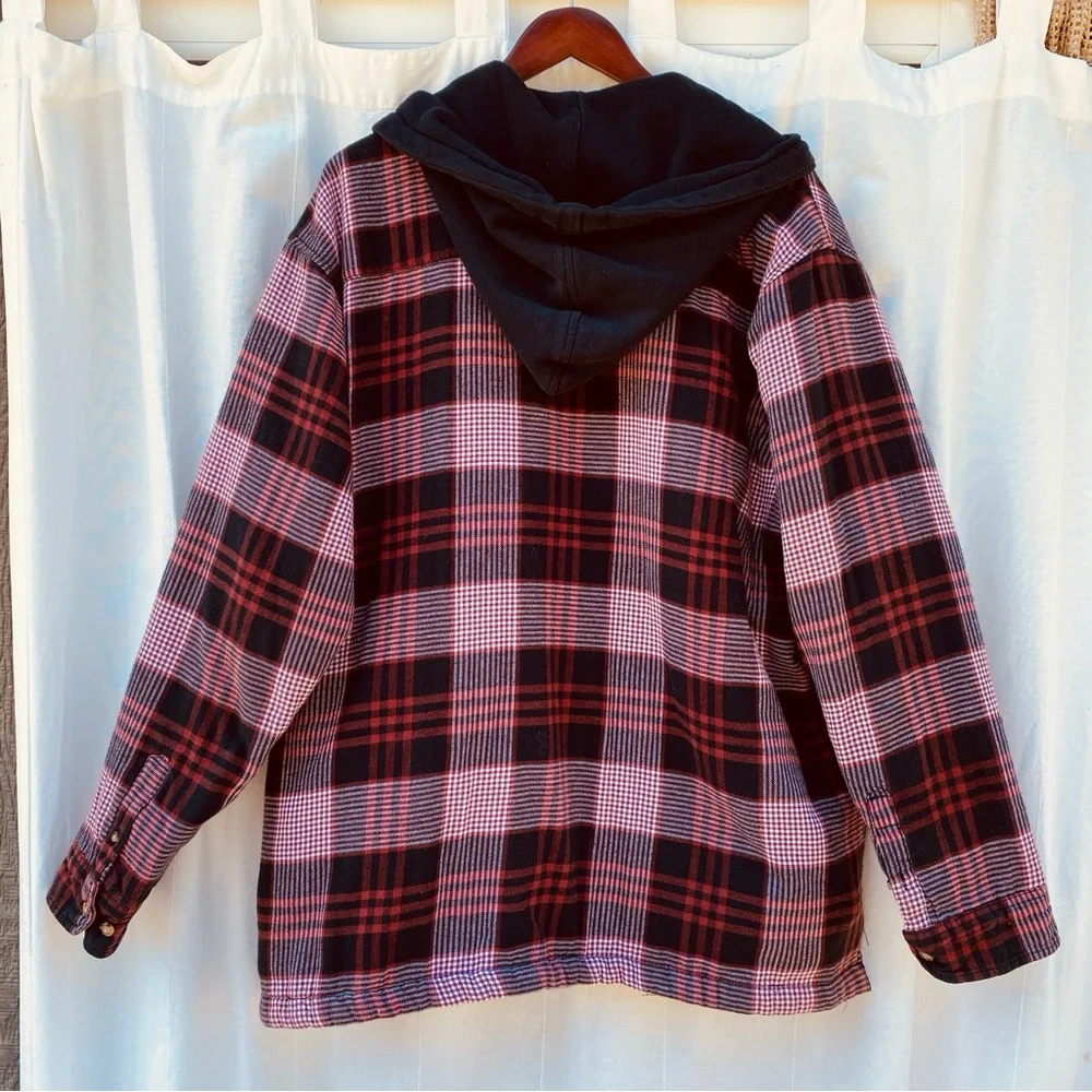 Wrangler Riggs Workwear Full Zip Red Pink Black Plaid Hooded Jacket XXL 27x31 - Picture 5 of 7
